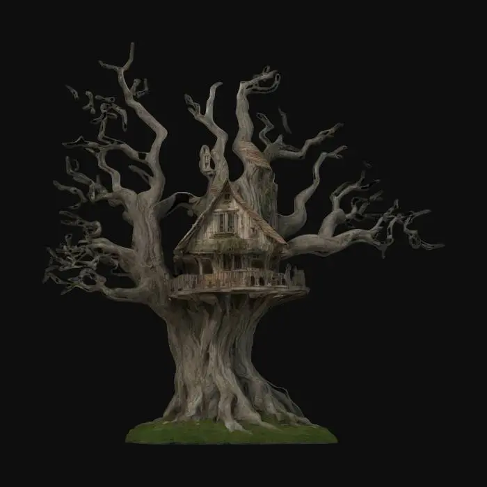 3D model for Extremely detailed ultra-realistic tree house the house and the tree are evil looking old like a witch cottage in a knotted cypress tree 