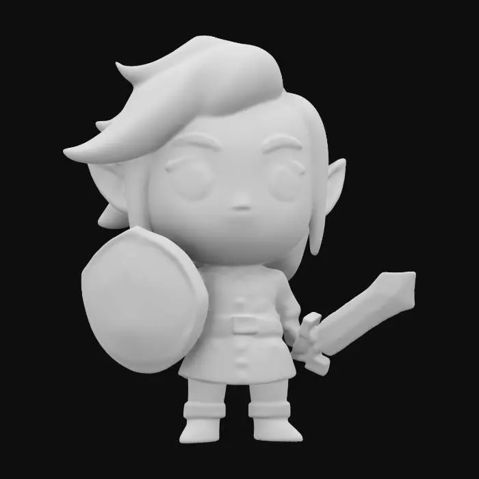 3D model for Legend of Zelda, Highly Detailed, link chibi style higly detailed refined definition deep set details holding a small wooden sword and wooden , A-pose, shield in white clothing