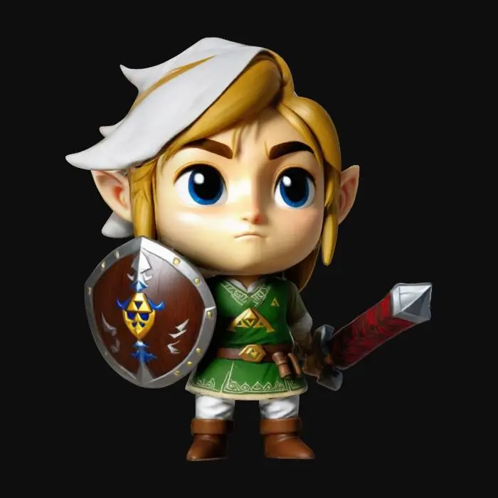 3D model for Legend of Zelda, Highly Detailed, link chibi style higly detailed refined definition deep set details holding a small wooden sword and wooden , A-pose, shield in white clothing