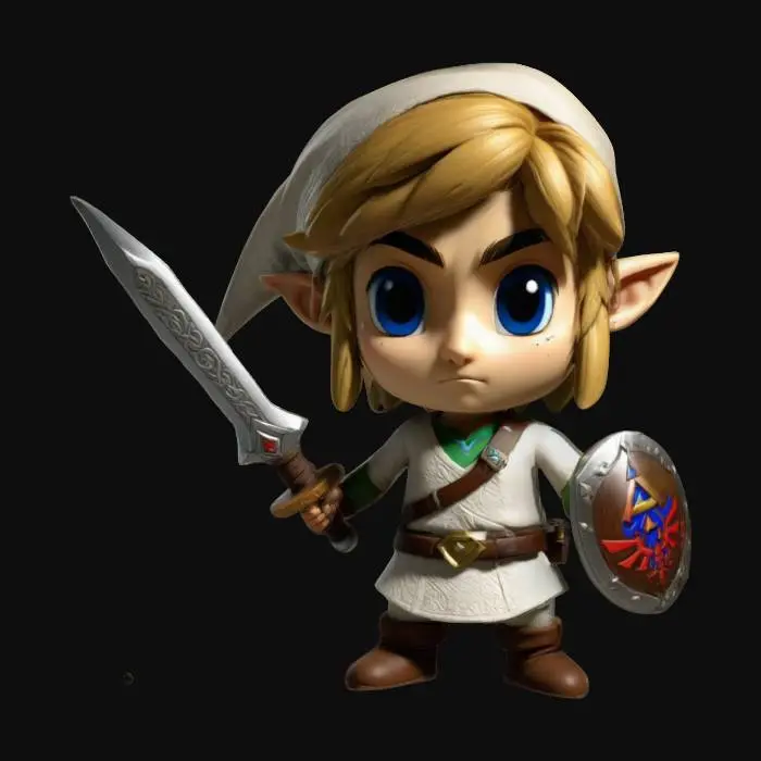3D model for Legend of Zelda, Highly Detailed, link chibi style higly detailed refined definition deep set details holding a small wooden sword and wooden , A-pose, shield in white clothing