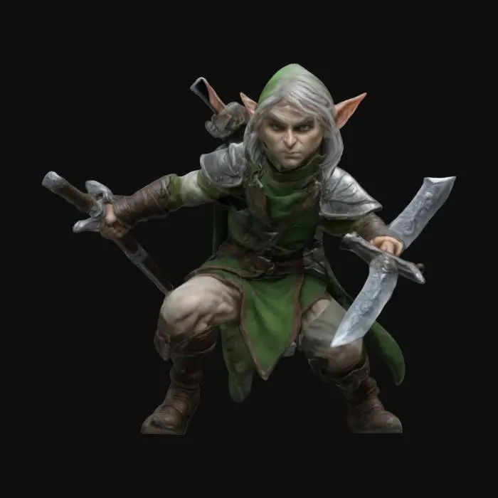 3D model for An incredibly detailed elf fantasy warrior he is holding 2 small swords and is in a crouching attack position. 