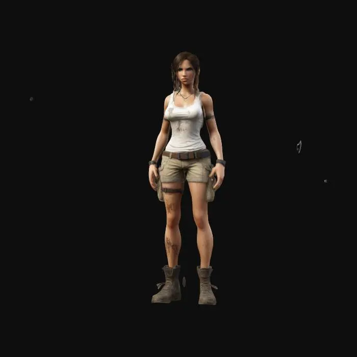 3D model for Extremely detailed Lara Croft PlayStation 2 version in a dirty white tank top and cargo shorts , #women#
