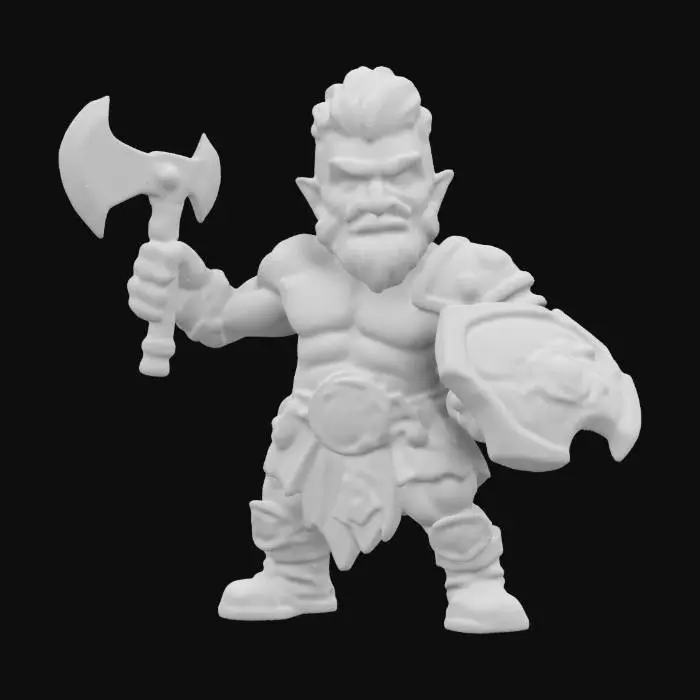 3D model for buff muscular barbarian  for Dungeons & Dragons. Attack pose.  Chibi art style. Highly stylized. Bold embossed and engraved detail. Well-defined edges. 2mm Chunky sculpted detail. High resolution., #game figure#