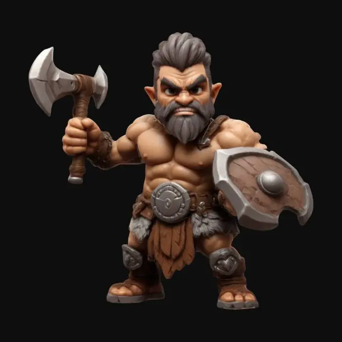 3D model for buff muscular barbarian  for Dungeons & Dragons. Attack pose.  Chibi art style. Highly stylized. Bold embossed and engraved detail. Well-defined edges. 2mm Chunky sculpted detail. High resolution., #game figure#