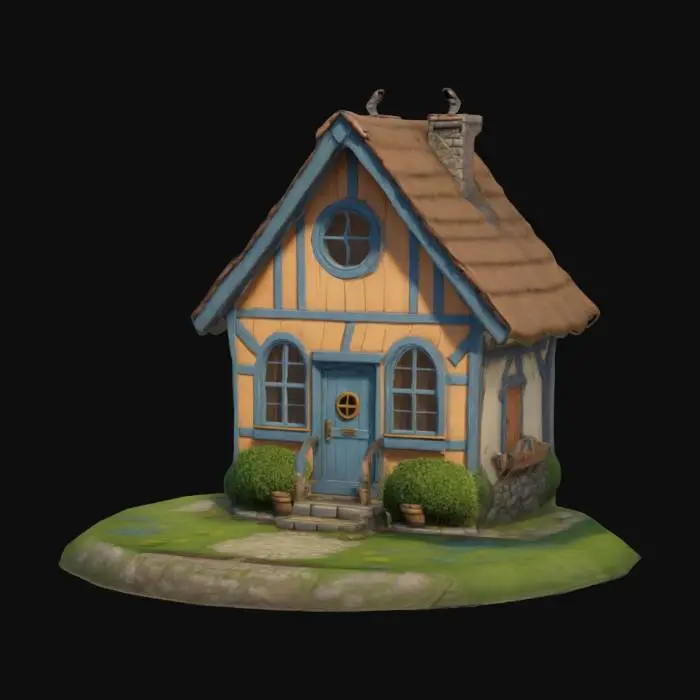 3D model for highly detailed small cottage, cartoon style, simple detail with a round design, 4k detail, #game figure#,  