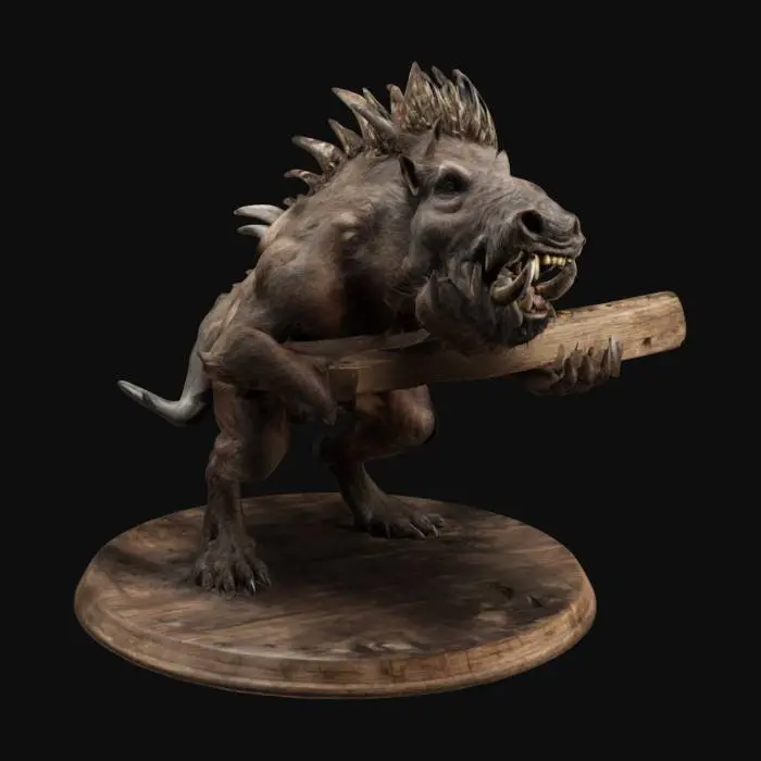 3D model for Evil menacing beast with human features a warthog head and face covered in spikes carrying a large wooden plank highly detailed highly realistic with foam coming out of his mouth