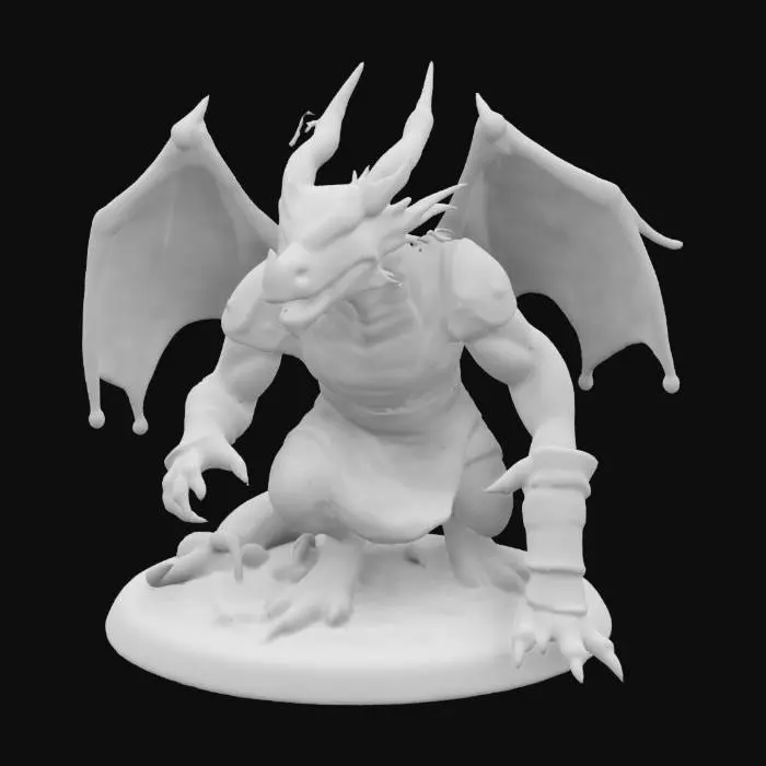 3D model for extremely detailed dragon warrior in a crouched position he is in leather clothing deeply detailed on a round base