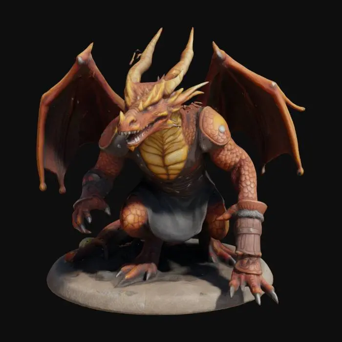 3D model for extremely detailed dragon warrior in a crouched position he is in leather clothing deeply detailed on a round base