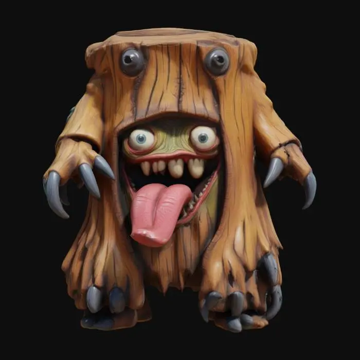 3D model for monster wardrobe cartoon and whimsical highly detailed wood, it has claws and a tongue hanging out of a mouth full of sharp teeth 