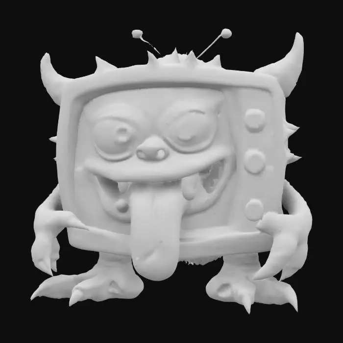 3D model for monster tv, cartoon and whimsical highly detailed wood, it has claws and a tongue hanging out of a mouth full of sharp teeth   