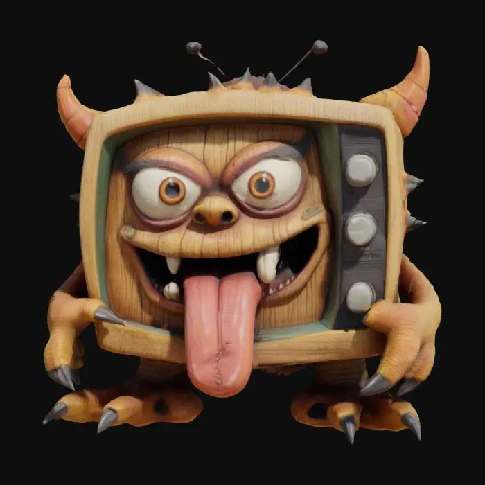 3D model for monster tv, cartoon and whimsical highly detailed wood, it has claws and a tongue hanging out of a mouth full of sharp teeth   