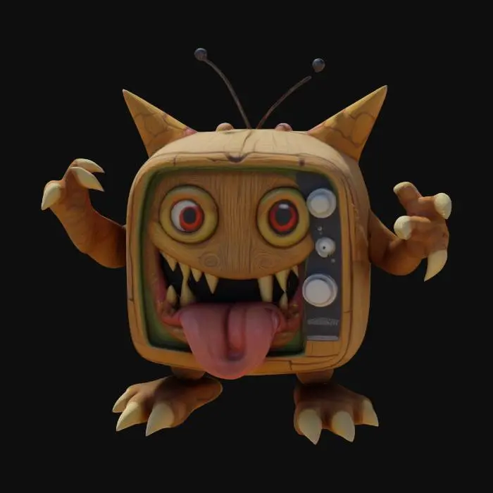 3D model for monster tv, cartoon and whimsical highly detailed wood, it has claws and a tongue hanging out of a mouth full of sharp teeth   