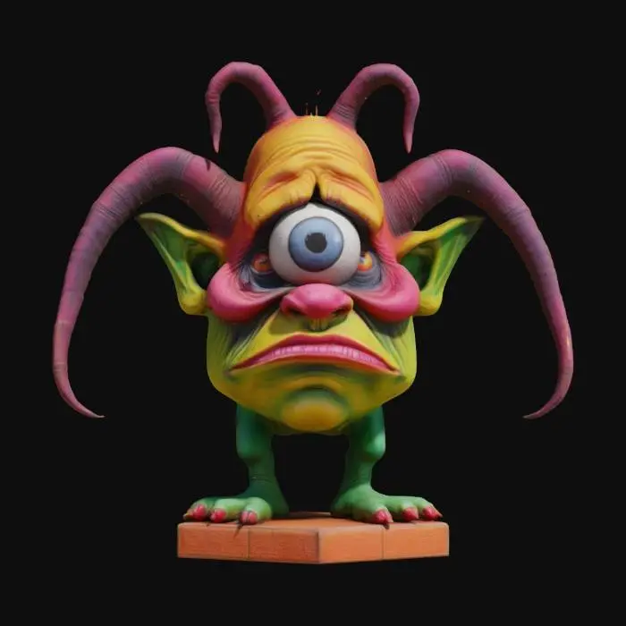 3D model for This model has grotesque caricatures,  A Ed "big daddy" Roth style, cyclops, with only one eye in the center of its forehead, bright colors standing on a hexagon base ,