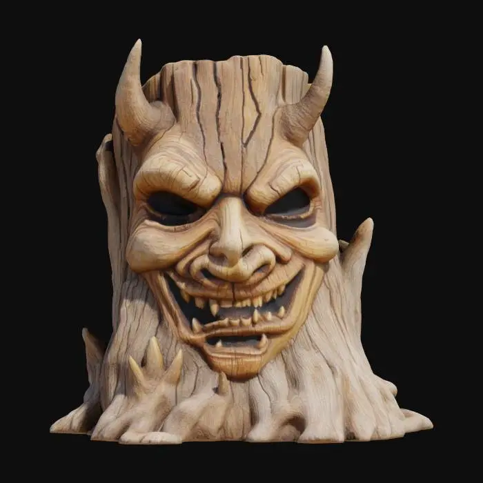 3D model for A tree stump that has been carved into a devil face natural age to the wood has caused cracks and so the wood grain details extremely detailed carved the wood