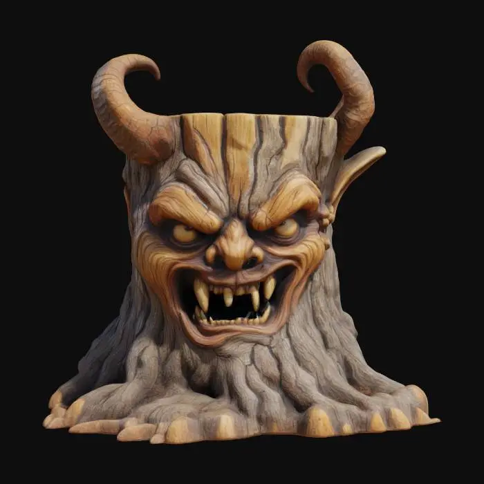 3D model for A tree stump that has been carved into a demons face natural age to the wood has caused cracks and so the wood grain details extremely detailed carved the wood