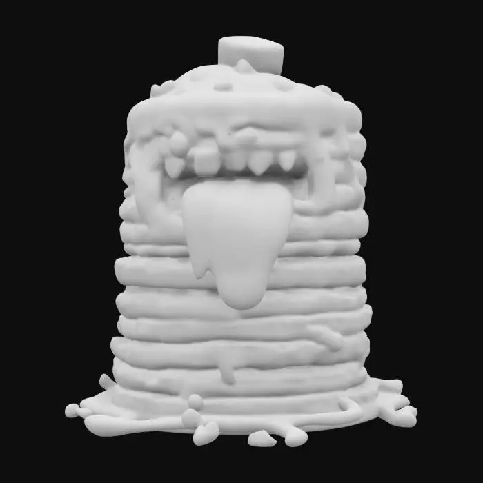 3D model for A stack of pancakes monster with his mouth open butter running it off of him his tongue out and teeth made out of chocolate chips