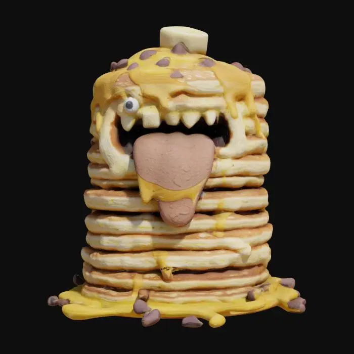 3D model for A stack of pancakes monster with his mouth open butter running it off of him his tongue out and teeth made out of chocolate chips