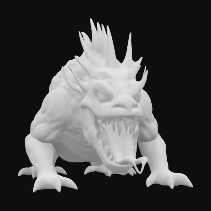 3D model for The object features an organic, monstrous shape with sharp, protruding forms, dynamic curves, a textured, sinewy surface, and an emphasis on a gaping mouth and elongated tongue., 