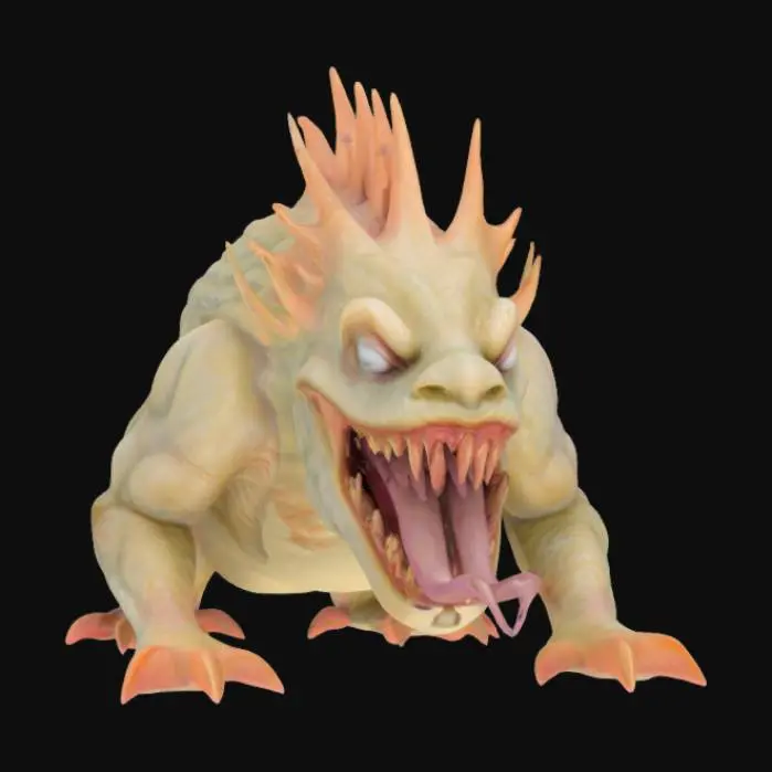 3D model for The object features an organic, monstrous shape with sharp, protruding forms, dynamic curves, a textured, sinewy surface, and an emphasis on a gaping mouth and elongated tongue., 