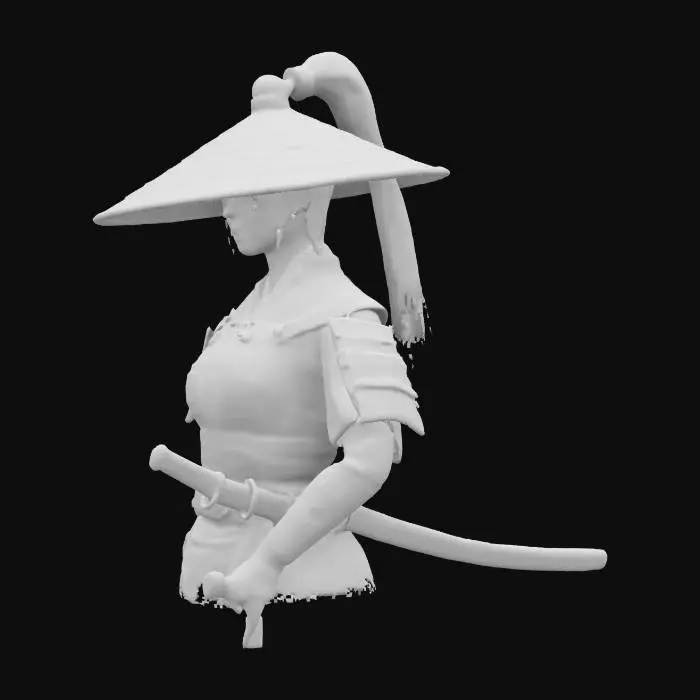 3D model for female samurai she is wearing a conical hat with a smooth texture, worn by a person holding a katana, 