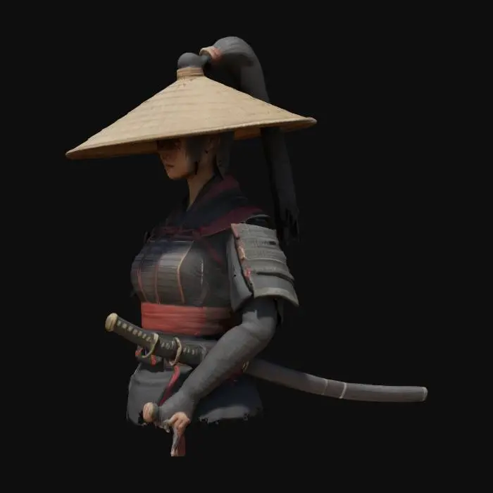 3D model for female samurai she is wearing a conical hat with a smooth texture, worn by a person holding a katana, 