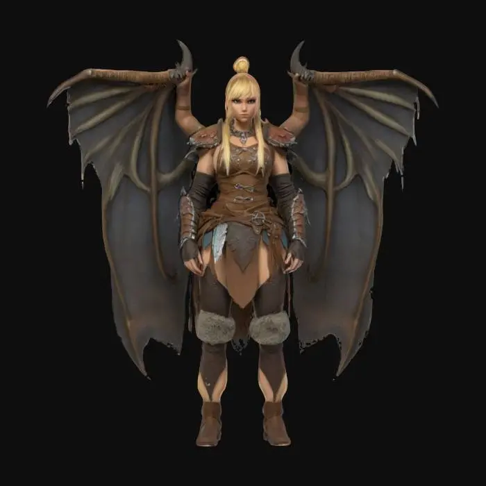 3D model for beautiful female barbarian , #fairy#,  she has dragon wings,  blond hair up in a top pony tail 