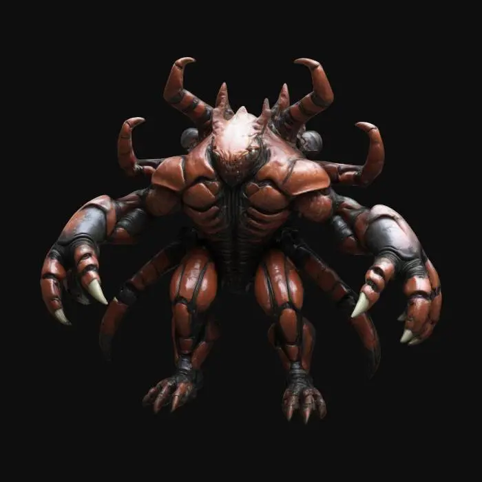 3D model for #game figure#, per villain, humanoid Hybrid, multipüle arms, giant crab carapace,Hulking shape, ultra muscular build, ripped anatomy, design patterns of biosuit with HR Giger inspired patterns, ultra high frequency details, highest details, aggressive design, feral attire, massive claws, masterfully sculpted, well ilt, game ready, A-Pose,