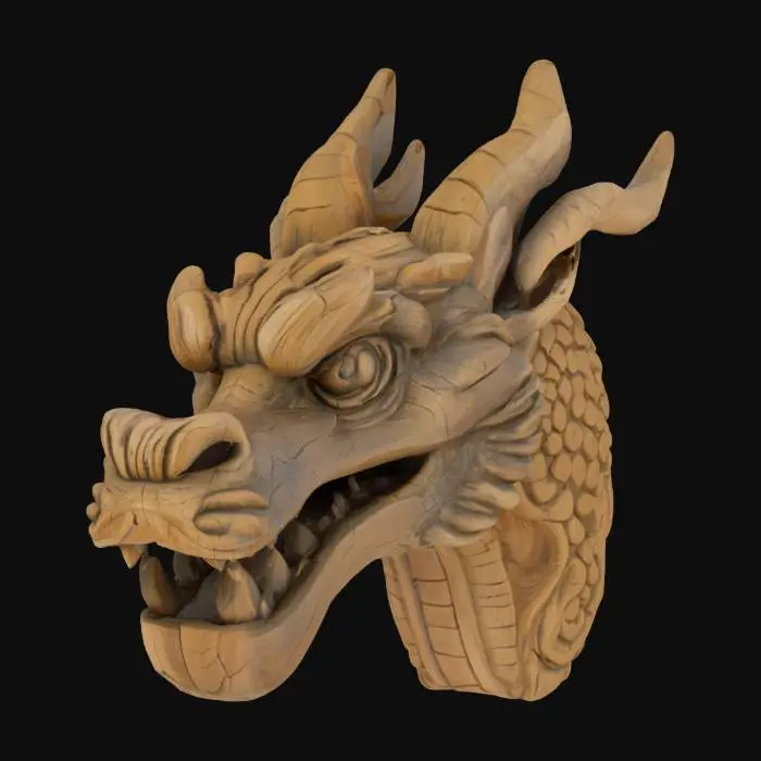 3D model for wooden dragon head old weathered texture, cracks, knots, and carved low detail hand made carved out of a block of wood 