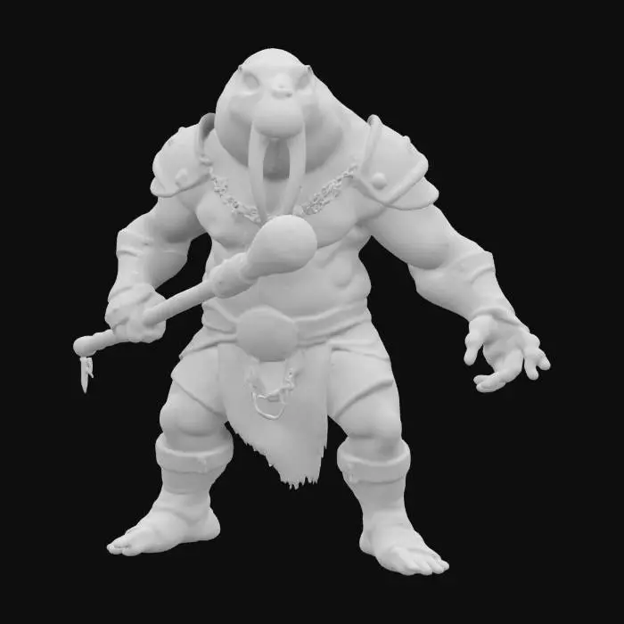 3D model for An extremely detailed medieval warrior. Has the characteristics of a walrus's  and man he is carrying a large wooden club he is dressed in leather clothing he is extremely muscular. His extremely large tusks that is protruding from his mouth are adorned with gold chains. He is in an attack stance mid swing of his weapon
