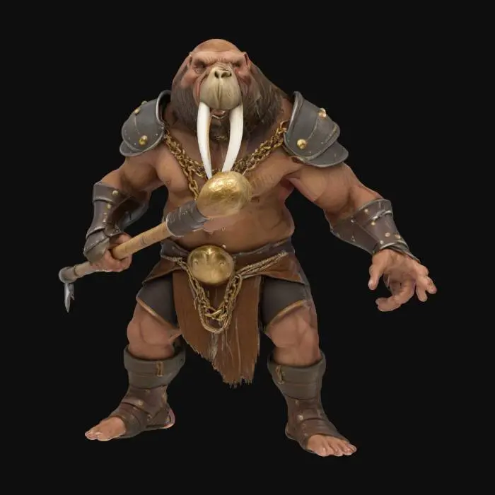3D model for An extremely detailed medieval warrior. Has the characteristics of a walrus's  and man he is carrying a large wooden club he is dressed in leather clothing he is extremely muscular. His extremely large tusks that is protruding from his mouth are adorned with gold chains. He is in an attack stance mid swing of his weapon