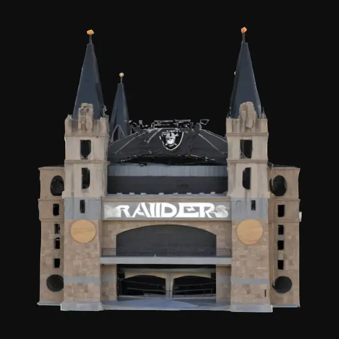 3D model for [Las Vegas] allegiant stadium as a medieval castle, with a raiders flag on the top , #AroundTheWorld# black and silver colors RAIDERS on on side in silver big bold letters 