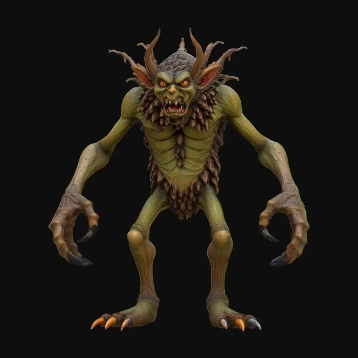 3D model for An extremely detailed angry evil wood forest imp. He has the body of a pine cone with long gangly arms large fierce claws stubby legs with big feet