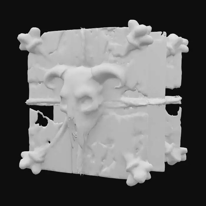 3D model for A square shield made from bones and in the center of the shield is a skull from an orc tied to it with old hemp rope,  realistic, the bones are old and sun bleached the skull is missing the bottom jaw, the rope is frayed,, #emblem#
