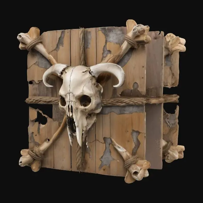 3D model for A square shield made from bones and in the center of the shield is a skull from an orc tied to it with old hemp rope,  realistic, the bones are old and sun bleached the skull is missing the bottom jaw, the rope is frayed,, #emblem#