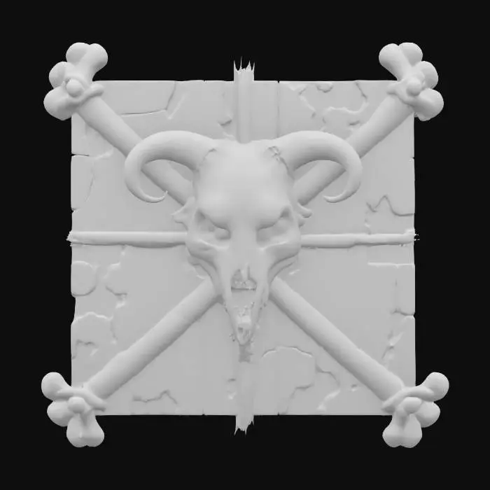 3D model for A square shield made from bones and in the center of the shield is a skull from an orc tied to it with old hemp rope,  realistic, the bones are old and sun bleached the skull is missing the bottom jaw, the rope is frayed,, #emblem#