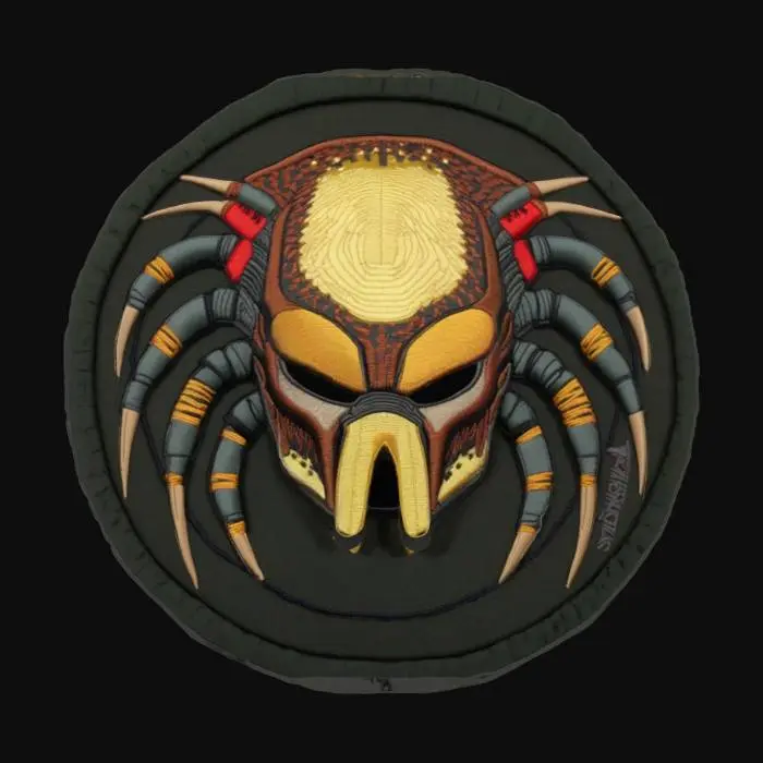 3D model for predator head, patch highly detailed embroidery in a round fabric patch, clear stich's and threads #emblem#