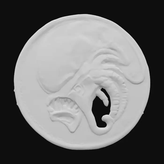 3D model for xenomorph head, patch highly detailed embroidery in a round fabric patch, clear stich's and threads #emblem#