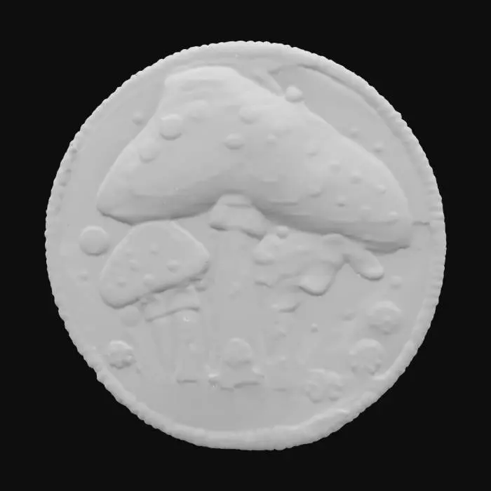 3D model for Some psychedelic mushrooms, patch highly detailed embroidery in a round fabric patch, clear stich's and threads. Bright colorful yarn and thread #emblem#