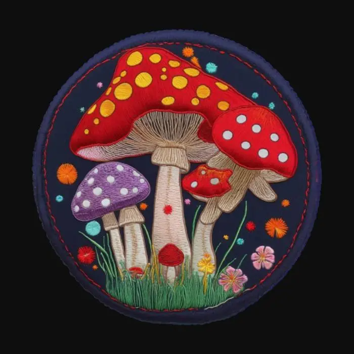 3D model for Some psychedelic mushrooms, patch highly detailed embroidery in a round fabric patch, clear stich's and threads. Bright colorful yarn and thread #emblem#