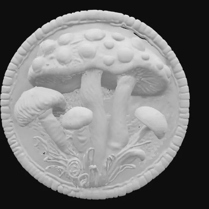 3D model for Some psychedelic mushrooms, patch highly detailed embroidery in a round fabric patch, clear stich's and threads. Bright colorful yarn and thread #emblem#