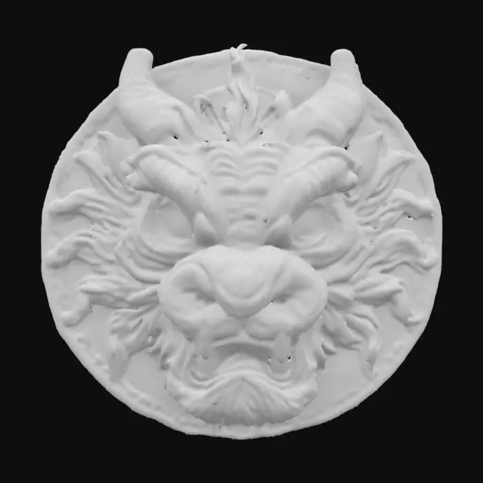 3D model for Dragon face, patch highly detailed embroidery in a round fabric patch, clear stich's and threads. Bright colorful yarn and thread #emblem#