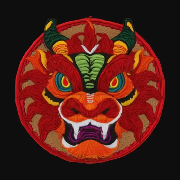 3D model for Dragon face, patch highly detailed embroidery in a round fabric patch, clear stich's and threads. Bright colorful yarn and thread #emblem#