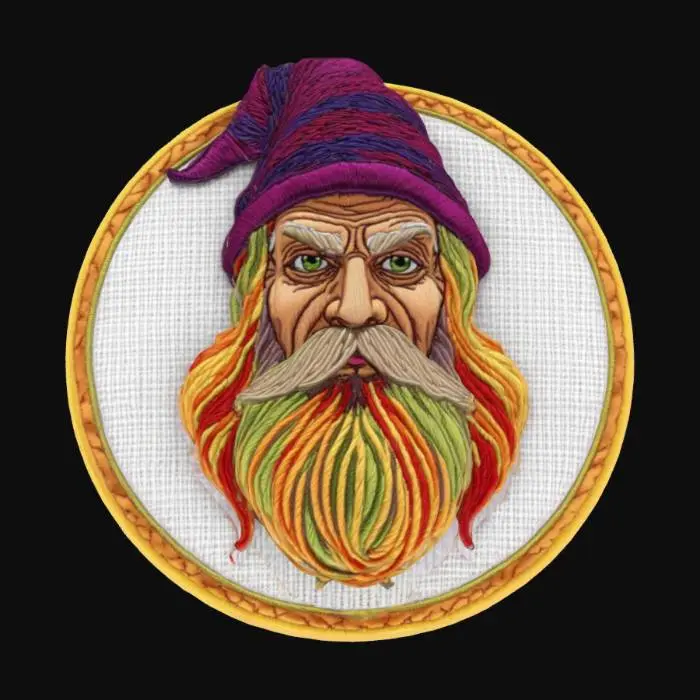 3D model for Wizard face, patch highly detailed embroidery in a round fabric patch, clear stich's and threads. Bright colorful yarn and thread #emblem#