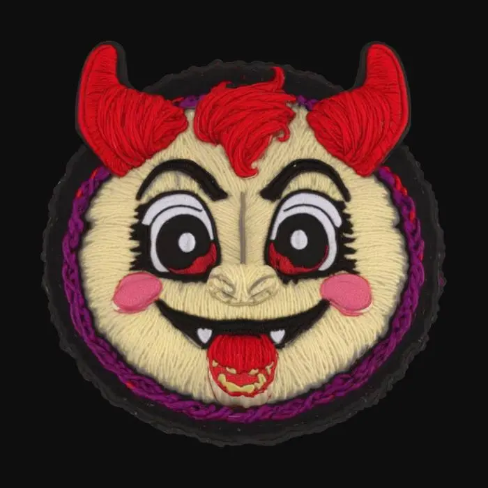 3D model for Cute demon face, patch highly detailed embroidery in a round fabric patch, clear stich's and threads. Bright colorful yarn and thread #emblem#