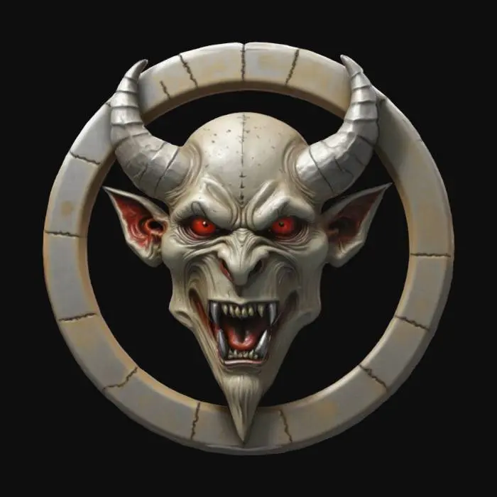 3D model for Scary devil face, stamped in a metal round emblem deep clean detail deep recesses highly detailed #emblem#