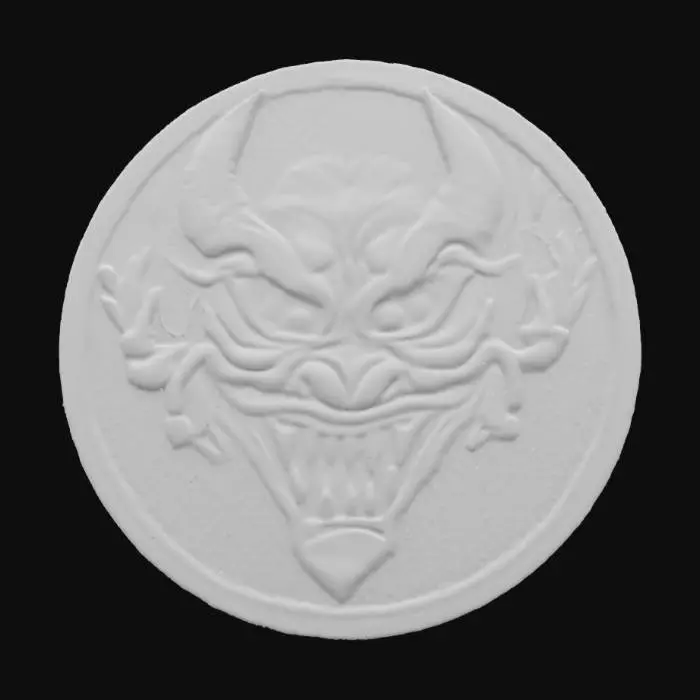 3D model for Scary devil face, patch highly detailed embroidery in a round fabric patch, clear stich's and threads. Bright colorful yarn and thread #emblem#