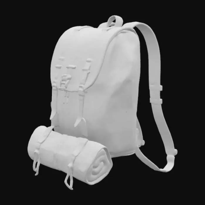 3D model for Medieval Back pack made of leather on a wooden frame with a sleeping bag rolled up at the bottom highly detailed soft textured leather hemp rope tying the backpack to the wooden frame and the sleeping bag to the bottom of the wooden frame below the backpack