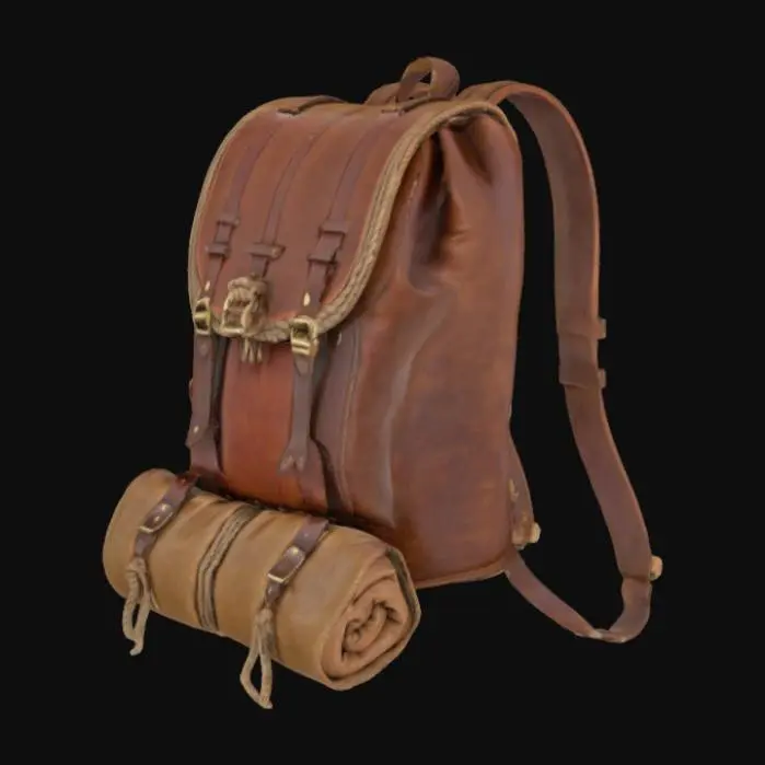 3D model for Medieval Back pack made of leather on a wooden frame with a sleeping bag rolled up at the bottom highly detailed soft textured leather hemp rope tying the backpack to the wooden frame and the sleeping bag to the bottom of the wooden frame below the backpack