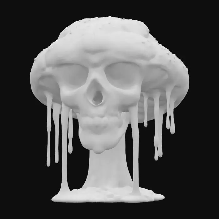 3D model for The object is a mushroom with a melting skull and brain design, featuring vibrant colors and dripping textures., 