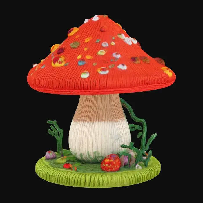 3D model for A embroidered knitted mushroom made from yarn and thread highly detailed extremely colorful clear cross stitch and knitting patterns